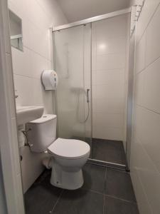 a bathroom with a toilet and a glass shower at Jugata in Rudna Wielka