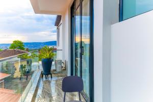 a balcony with glass doors and a plant at T-Stone Apartments Hotels -Kigali in Kigali
