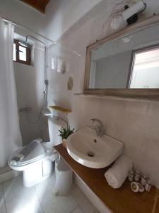 a bathroom with a sink and a toilet and a mirror at Almyra apt in Mani in Kotrónion