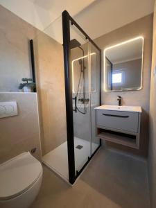 a bathroom with a shower and a toilet and a sink at Grgo Apartments in Drage +31 photos