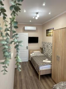 a small bedroom with a bed and a television at Gesztenye Apartman in Makó