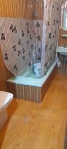 ein Badezimmer mit Badewanne und Duschvorhang in der Unterkunft Mashal in Srinagar