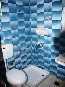a blue tiled bathroom with a toilet and a shower at Oasis Studios in Rodakino