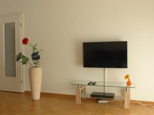 a living room with a television and a vase with a flower at Ferienwohnung Asenberg in Bad Salzuflen