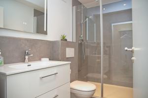 a bathroom with a shower and a toilet and a sink at Haus Titania App 6 inkl WLAN in Grömitz +10 photos