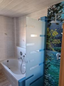 a bathroom with a bath tub with a painting on the wall at Zschirnsteinblick in Schöna +3 photos