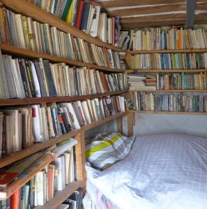 a bed in a room with shelves of books at Maison Nomade Provence - MaisonNomadeChic in Coursegoules