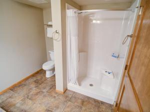 a bathroom with a shower and a toilet at Beacon Pointe on Lake Superior in Duluth