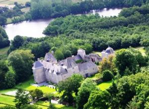 an aerial view of a large house with trees and a lake at Apartment in a Chateau with Park in Trébry
