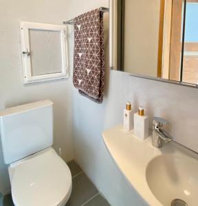 a bathroom with a toilet and a sink and a mirror at Studio Frohburg Gommiswald in Gommiswald