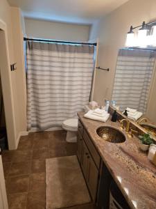 a bathroom with a sink and a toilet and a shower at Spacious Ranch Retreat Near Yosemite & Bass Lake with Hot Tub & Game Room in Oakhurst +27 photos