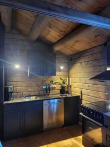 a kitchen with a sink and a stove at Bjorlicabin in Bjorli