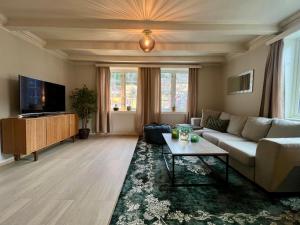 a living room with a couch and a tv at Stryn - house by the river in Stryn