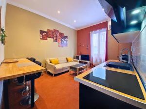 a kitchen and living room with a sink and a couch at Brise Douce in Perpignan