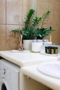 a bathroom with a sink and a washing machine at Golden Secret Beach House in Perissa +14 photos