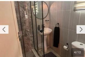 a bathroom with a sink and a shower with a mirror at Lemao guesthouse in Johannesburg