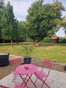 a pink table and two chairs with a table and a park at Chez Bya in Bouvellemont +3 photos