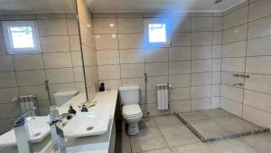 a bathroom with a toilet and two sinks and a shower at Mi casa es tu casa Loft in Malargüe