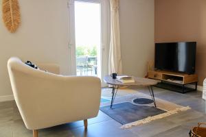 a living room with a chair and a television at Iconic, Spa, sauna & terrasse in Trégastel