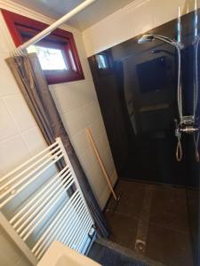 a bathroom with a shower and a black door at Het Dobbertje, charmant houten huisje in Sint Maartensvlotbrug +39 photos