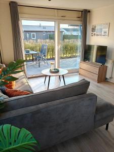 a living room with a couch and a table at Het Dobbertje, charmant houten huisje in Sint Maartensvlotbrug