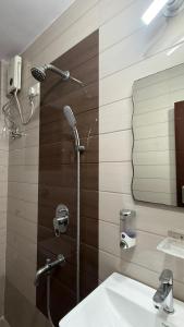 a bathroom with a shower with a sink and a mirror at Spacious 2BHK flat in new panvel in Navi Mumbai
