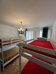 a bedroom with a large bed with a red rug at Arcanjo Hostel 2 in Braga