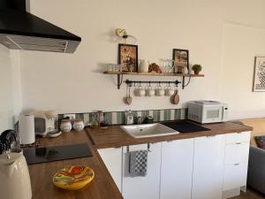 a kitchen with a counter with a sink and a microwave at Gîte les violettes in Lagny