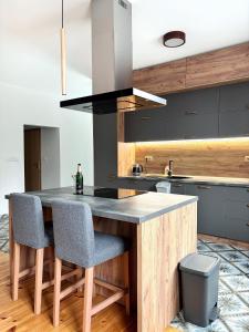 a kitchen with a counter with chairs and a sink at Apartment Kundratice in Košťálov +4 photos