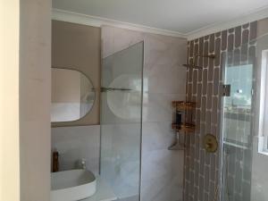 a bathroom with a shower and a sink and a mirror at Weekend at Bernies in Pringle Bay +13 photos