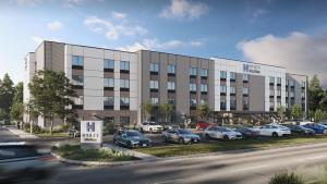 a rendering of a hotel with cars parked in a parking lot at Hyatt Studios Texarkana in Texarkana