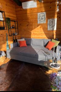 a living room with a gray couch with orange pillows at Paul Lake Escape Residence in Novosëlki