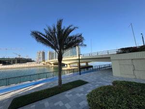 a palm tree sitting next to a river with a bridge at Belstay2 in Ras al Khaimah +7 photos
