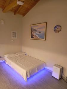 a bedroom with a bed in a room with blue lights at Avocado house in Finikounta