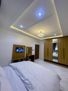 a bedroom with a bed and a tv on the ceiling at Luxury Four Bedroom Duplex in Asokoro Abuja in a Secure Estate with Fast WiFi & 24hours Electricity in Asokoro