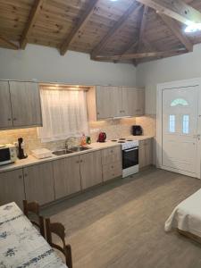 a large kitchen with wooden cabinets and a white door at Avocado house in Finikounta