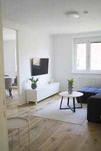 a living room with a couch and a table at Modernes Apartment in Schwechat in Schwechat
