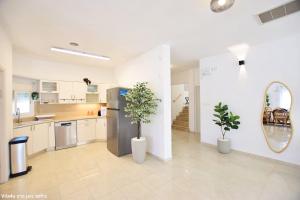 a kitchen with two potted plants and a refrigerator at וילה ארבל in Kefar Weradim