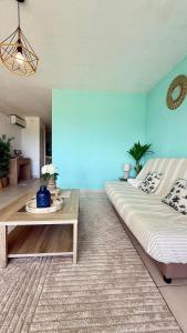 a living room with a couch and a blue wall at Studio TiLagon in Cul de Sac +18 photos