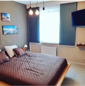 a bedroom with a large bed with a large window at Les Remparts in Antoing