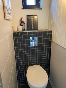 a bathroom with a toilet with a black tiled counter at Chalet de la fée Marion et Alice in Virton