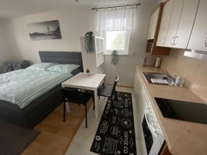 a small room with a bed and a kitchen with a sink at Apartmán U Onky in Luhačovice