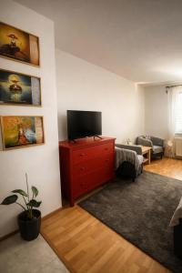 a living room with a tv and a red dresser at Apartmán U Onky in Luhačovice