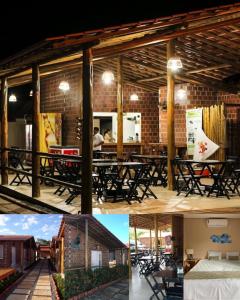 eine Fotocollage eines Restaurants mit Tischen und Bänken in der Unterkunft Pousada Del Mare in Tutóia