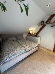 a bedroom with a bed and a dresser in it at Studio Lec in Giżycko