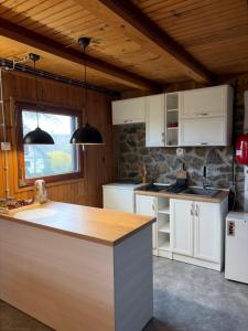 a kitchen with white cabinets and a counter top at Brvnara Nenadić in Užice +14 photos