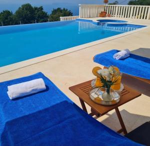 a pool with two beds and a table next to a pool at Villa Conte in Podstrana