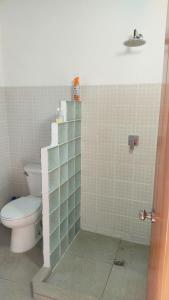 a bathroom with a toilet and a tiled wall at Bed & Breakfast T.T in Río Hato