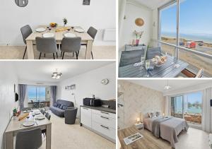 a collage of pictures of a living room and a bedroom at Sérénité vue mer in Courseulles-sur-Mer