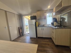 a kitchen with a white refrigerator and a sink at Mobil Home 3Ch - 6Pers 15min Europa PARK in Boofzheim +16 photos